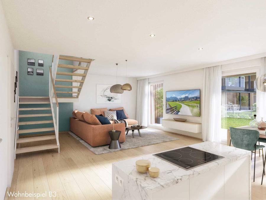 Modernes Wohnbeispiel mit offener Küche, hellem Wohnbereich, Holztreppe und Zugang zum Garten.