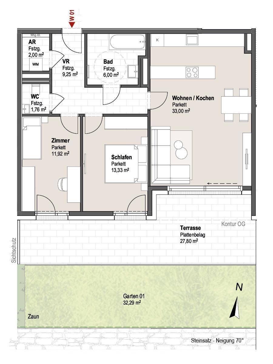 Grundriss einer Wohnung mit offenem Wohn-/Kochbereich, zwei Schlafzimmern, Bad, WC, Terrasse und Garten.