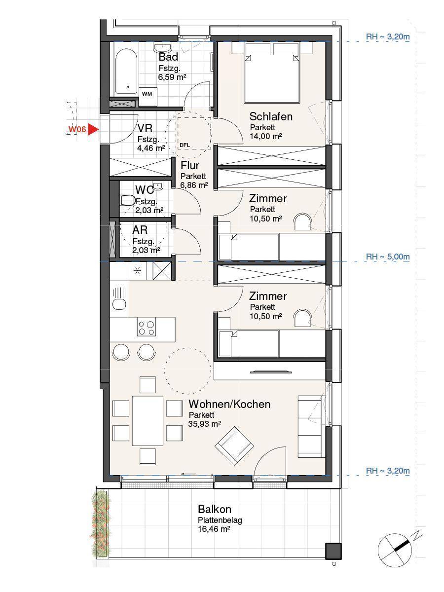 Detaillierter Grundriss einer Wohnung mit offenem Wohn-/Kochbereich und großem Balkon.