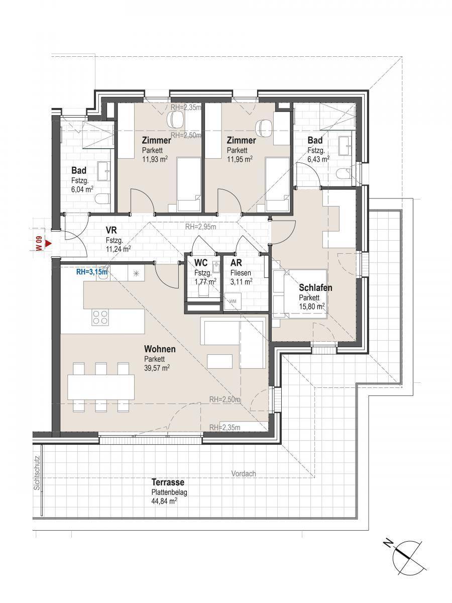 Detaillierter Grundriss einer Wohnung mit offenem Wohnbereich, drei Zimmern, zwei Bädern und großer Terrasse.
