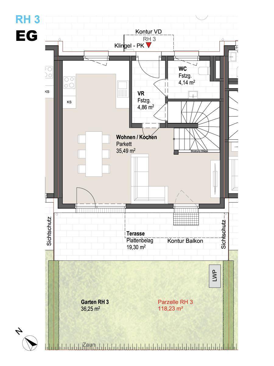 Grundriss des Erdgeschosses mit offenem Wohn-/Kochbereich, Terrasse und Garten.