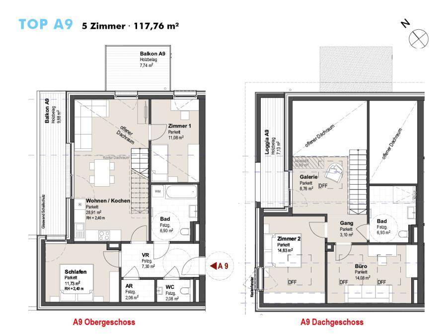 Grundriss für TOP A9 zeigt zwei Ebenen mit offenem Wohnbereich, zwei Bädern und Loggia.