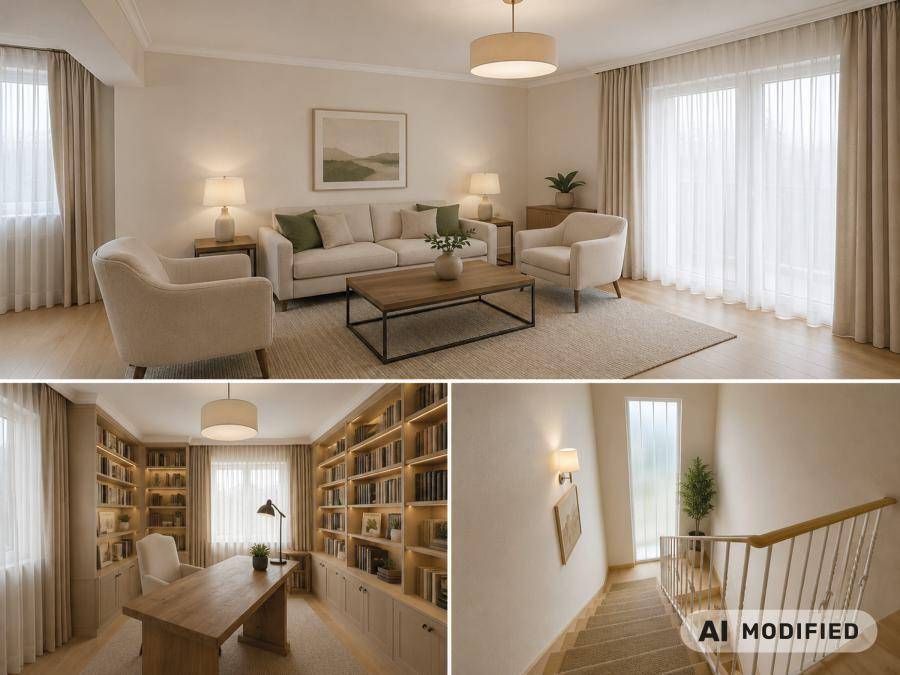 Helles Wohnzimmer, elegantes Arbeitszimmer mit Bücherregalen und einladendes Treppenhaus.
