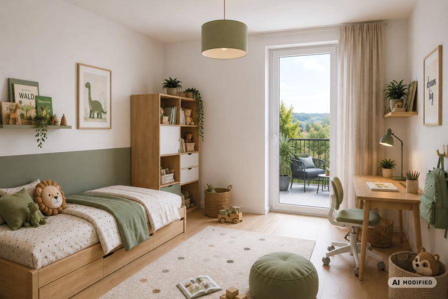 Kinderzimmer mit hellem Holzbett, Schreibtisch und Balkonzugang mit Blick ins Grüne.