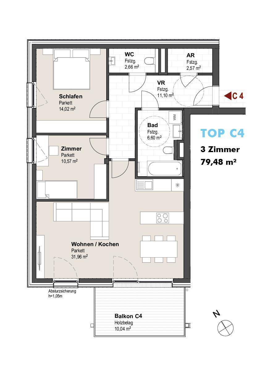 Grundriss der Wohnung TOP C4 mit drei Zimmern, offenem Wohn-Kochbereich und Balkon.