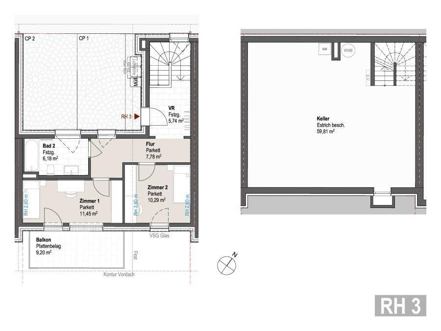 Grundriss des Obergeschosses und Kellers mit Schlafzimmern, zwei Bädern und Balkon.
