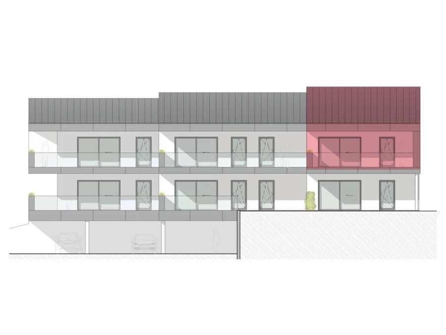Architektonische Ansicht der Gebäudefassade mit mehreren Balkonen und moderner Gestaltung.