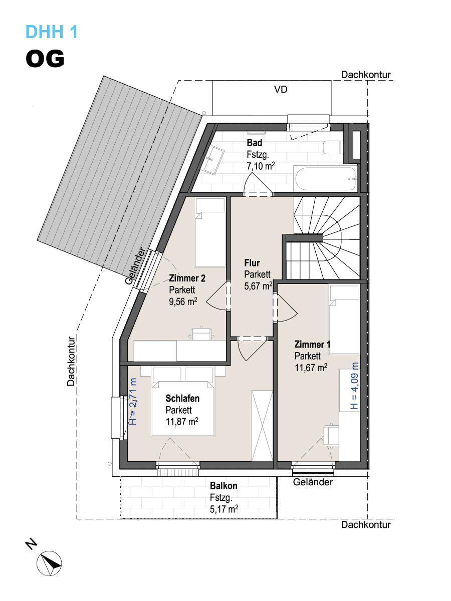 Grundriss des Obergeschosses mit Schlafzimmern, Bad und Balkon.