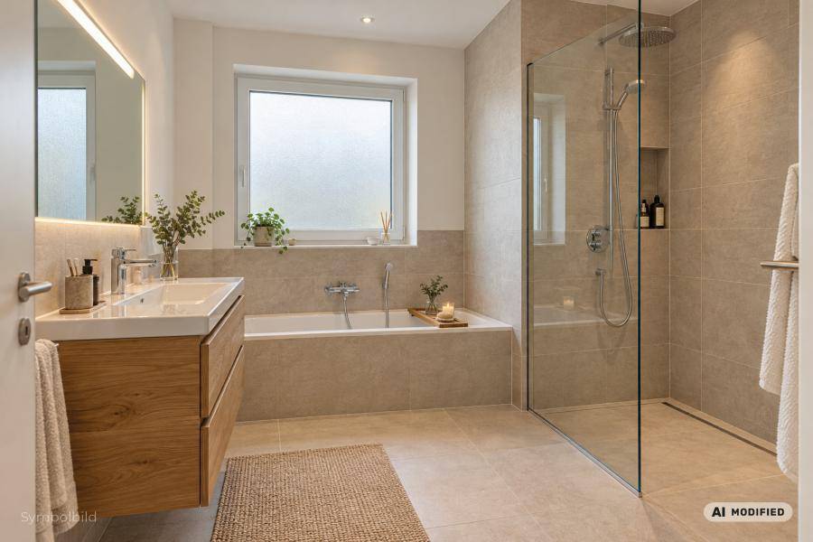 Modernes Badezimmer mit beigen Fliesen, Badewanne, ebenerdiger Dusche und Fenster.
