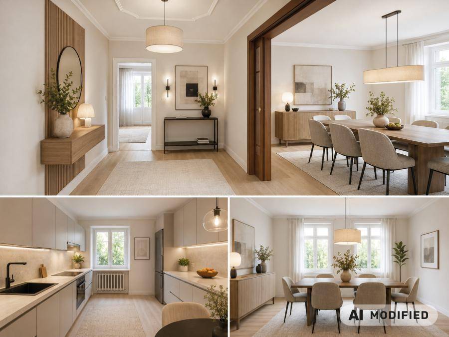 Kombination aus modernem Eingangsbereich, heller Küche und elegantem Esszimmer mit Holzboden.