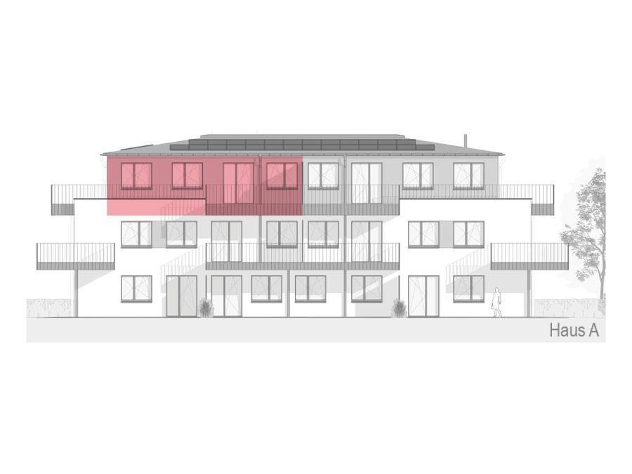 Architektonische Ansicht der Fassade von Haus A mit Balkonen und großen Fenstern.