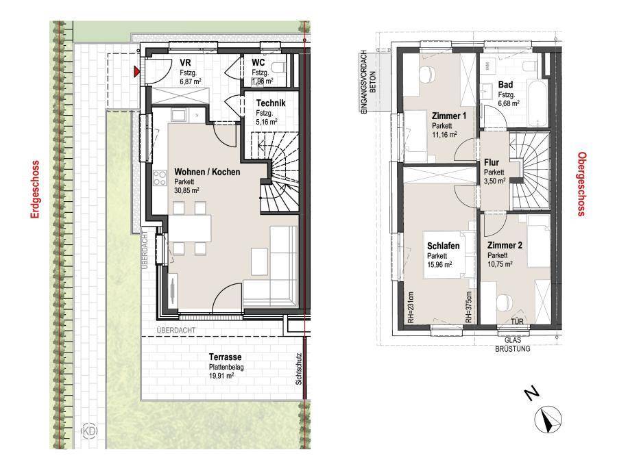 Grundriss des Erd- und Obergeschosses mit offenem Wohnbereich, Terrasse und Schlafzimmern.
