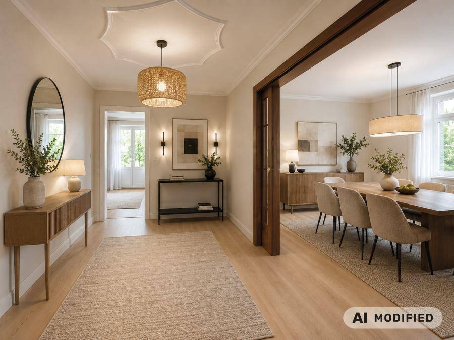 Heller Eingangsbereich mit modernem Design, Holzboden und Blick in den Essbereich.