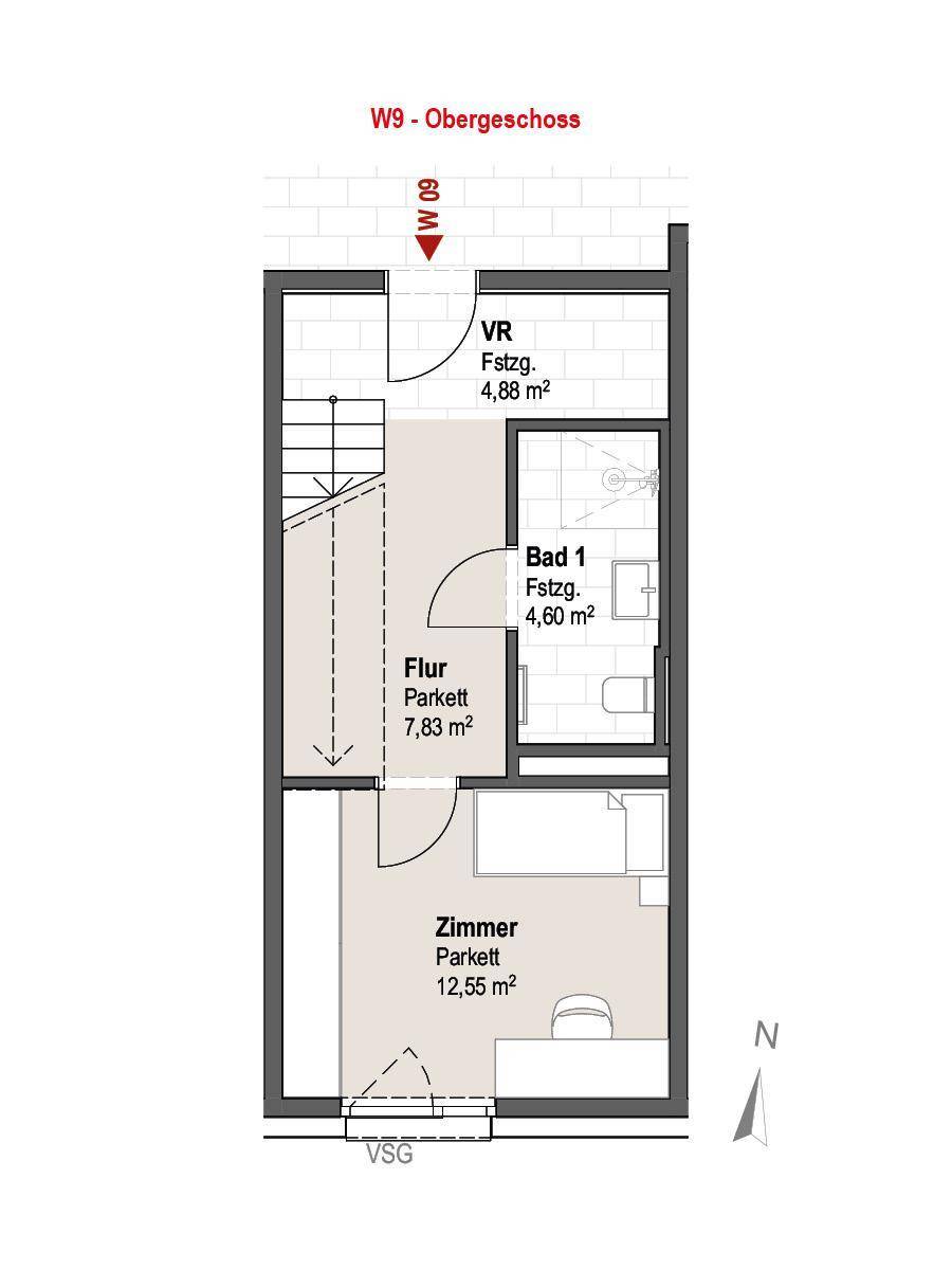 Grundriss des Obergeschosses mit einem Zimmer, Bad und Flur.
