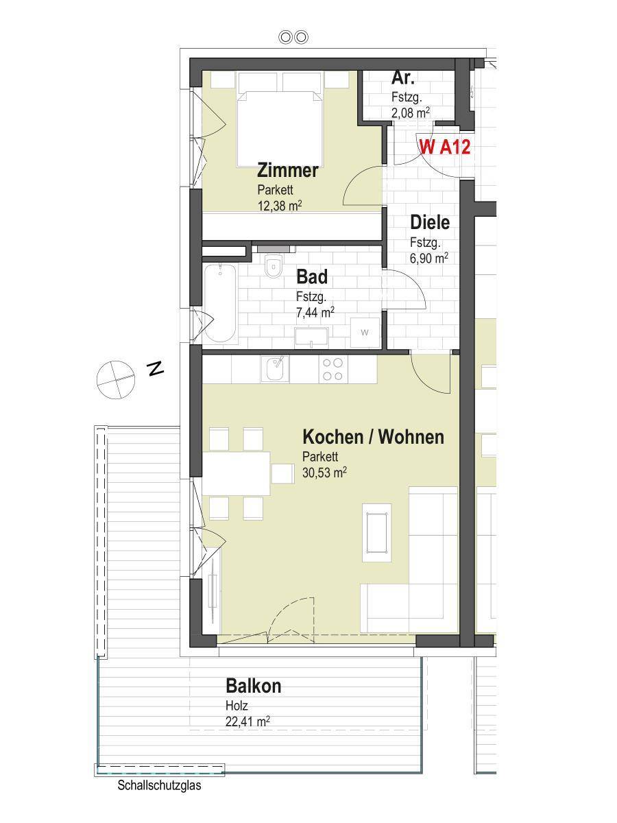 Grundrissplan einer Wohnung mit Schlafzimmer, Bad, offenem Wohn-/Kochbereich und großem Balkon.