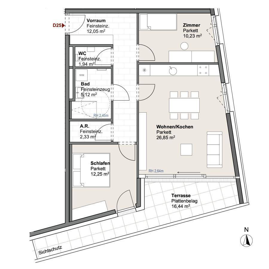 Grundriss einer Wohnung mit offenem Wohn-/Kochbereich, zwei Zimmern, Bad, WC und Terrasse.