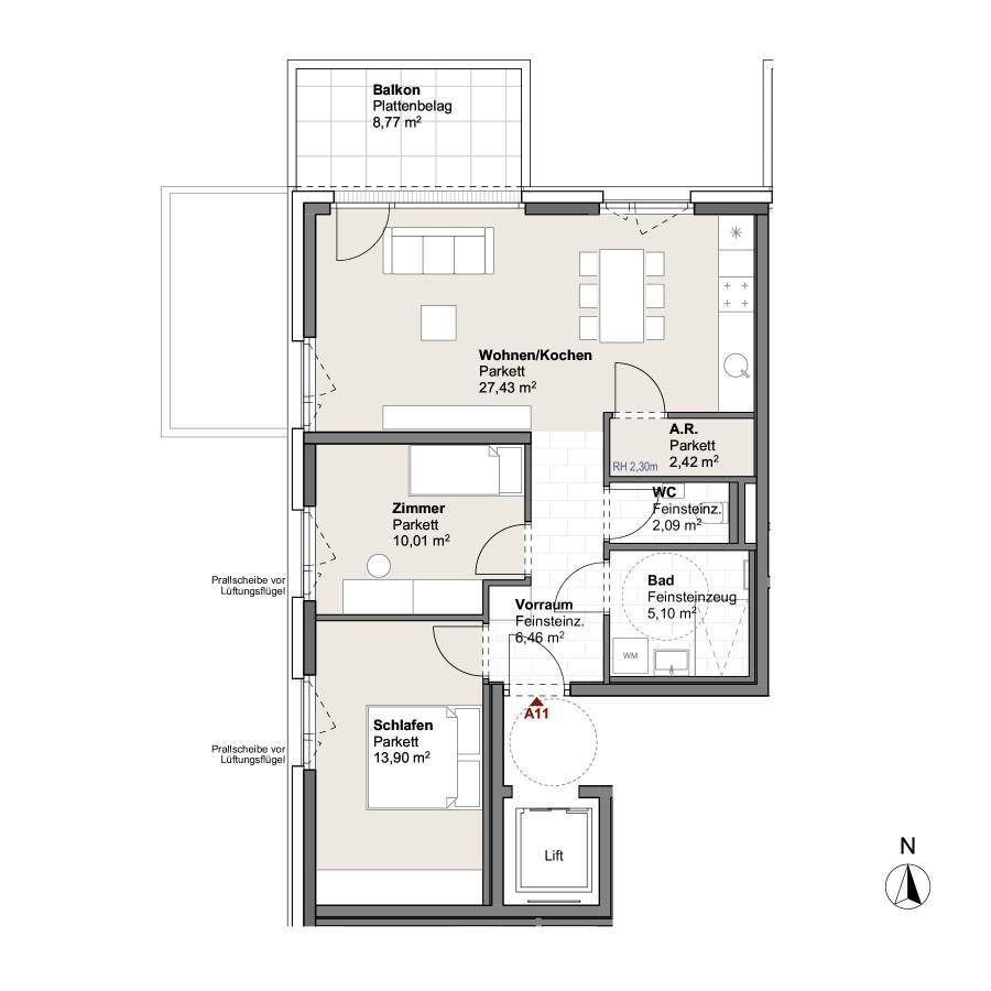 Grundriss einer Wohnung mit Wohn-/Kochbereich, zwei Zimmern, Bad, WC, Vorraum und Balkon.