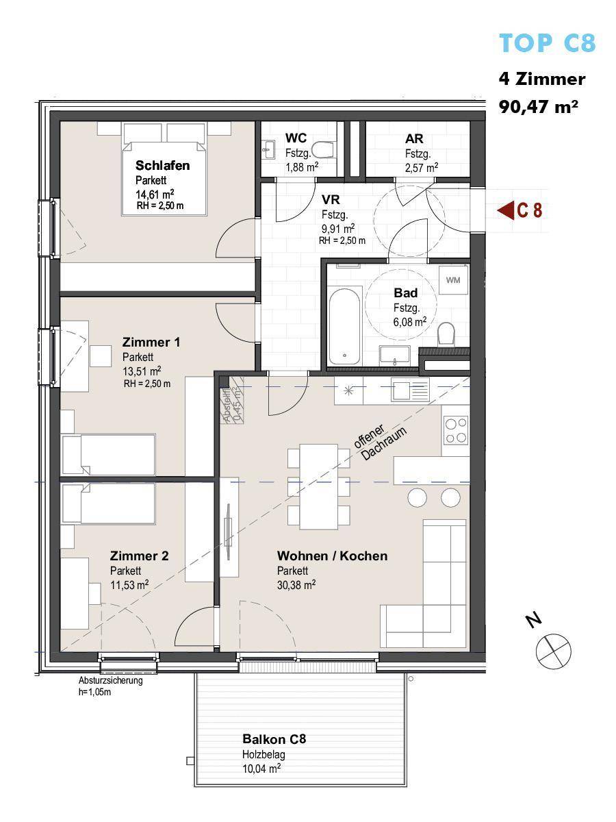 Detaillierter Grundriss einer 4-Zimmer-Wohnung mit offenem Wohn-/Kochbereich, Bad, WC und Balkon.