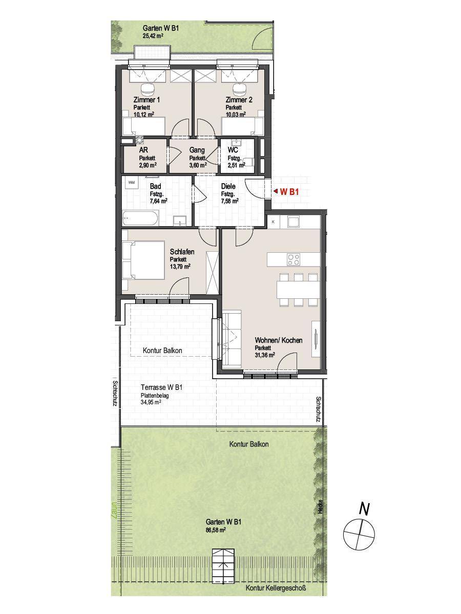 Grundriss einer Wohnung mit drei Zimmern, Balkon, Terrasse und Gartenanteil.