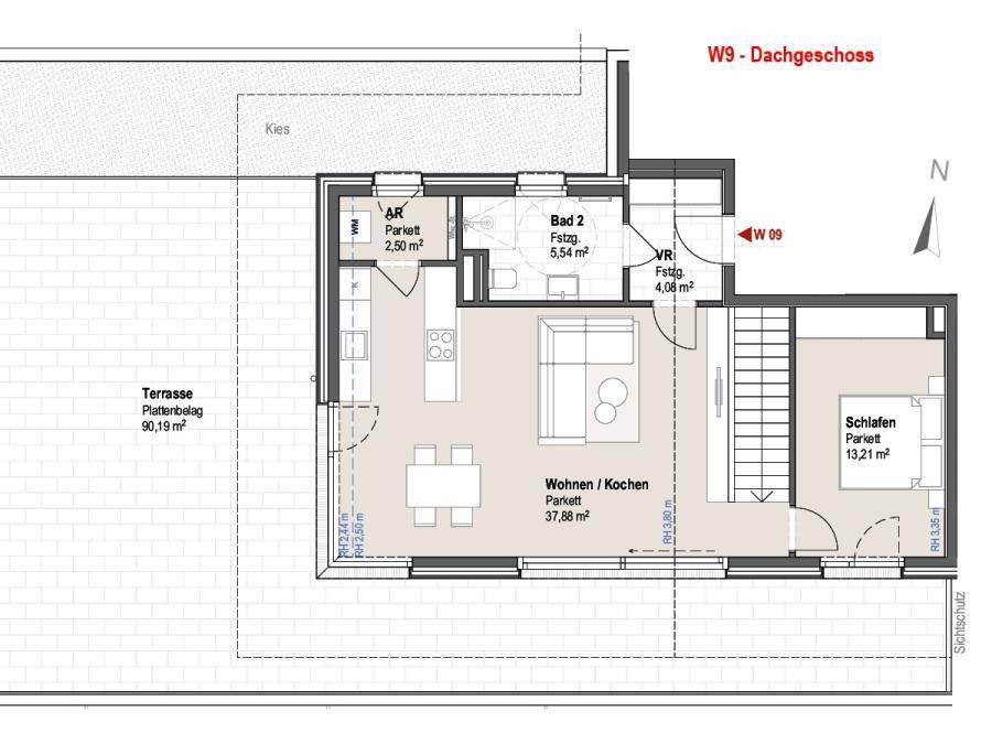 Grundriss des Dachgeschosses mit offenem Wohn-Kochbereich, Schlafzimmer, zwei Bädern und großer Terrasse.