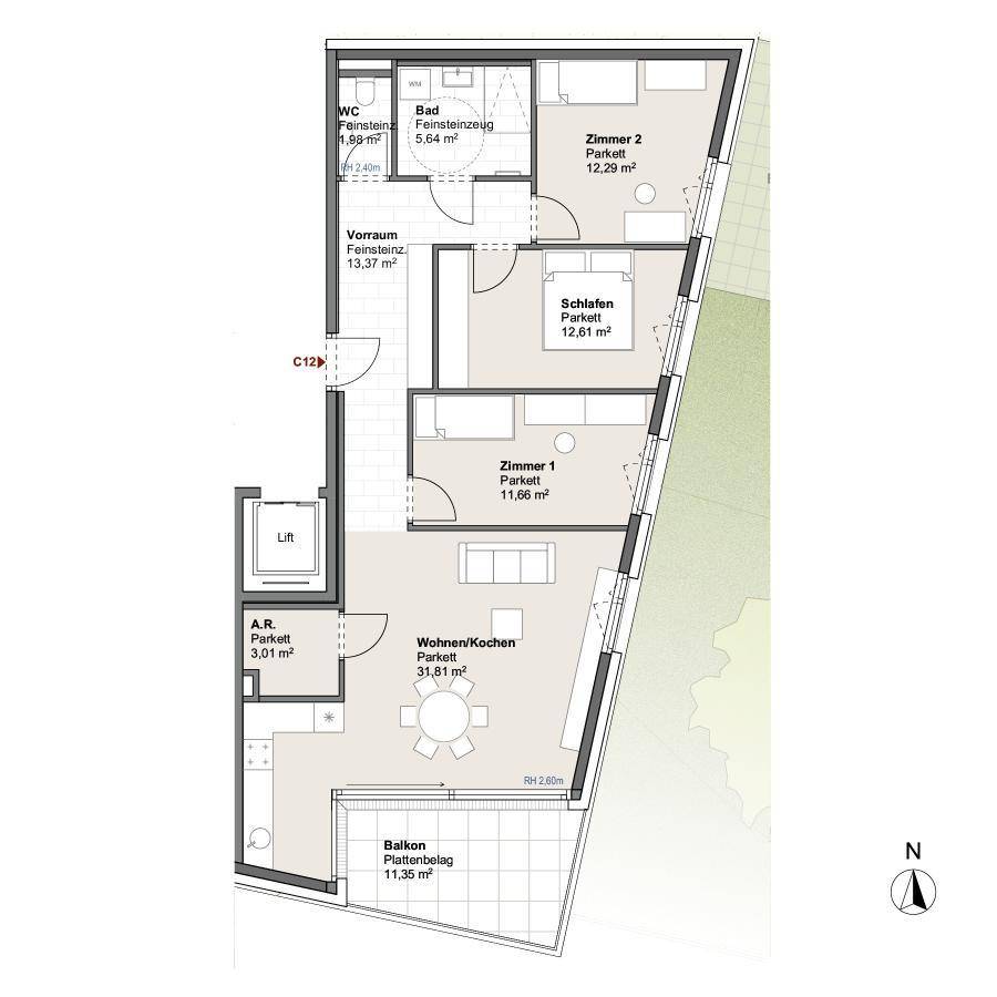 Grundriss einer länglichen Wohnung mit Wohn-/Kochbereich, zwei Zimmern, Bad, WC und Balkon.
