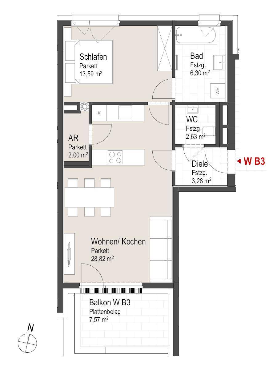 Grundriss einer Wohnung mit Schlafzimmer, Bad, WC, Diele und offenem Wohn-/Kochbereich mit Balkon.