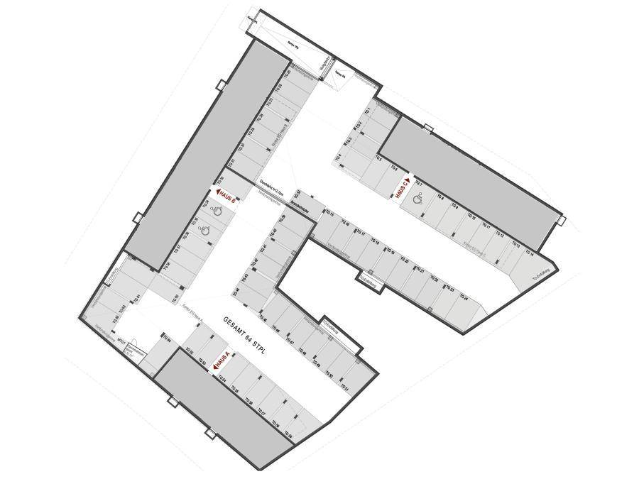Grundrissplan der Tiefgarage mit zahlreichen Stellplätzen für mehrere Gebäude.