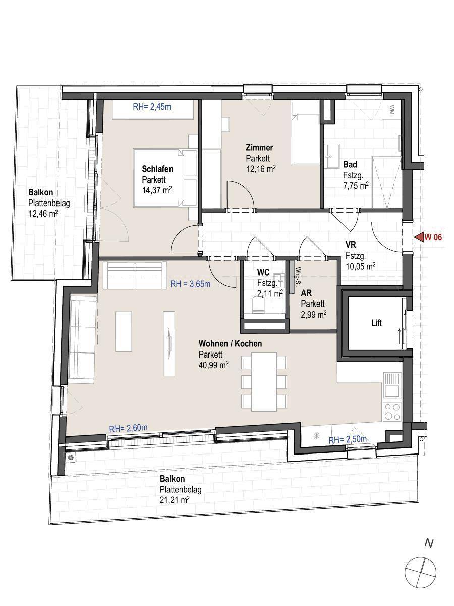 Detaillierter Grundriss einer Wohnung mit offenem Wohn-/Kochbereich, Schlafzimmern und zwei Balkonen.