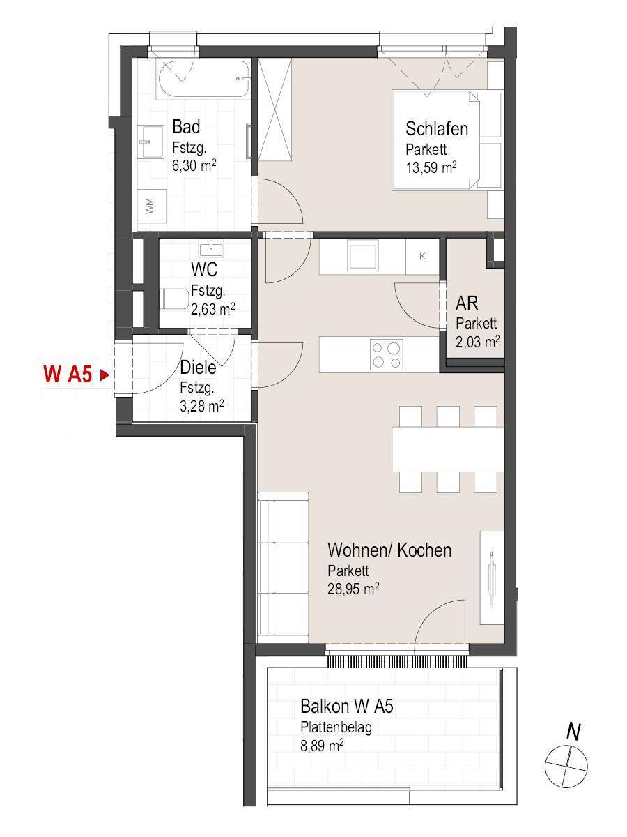 Grundriss einer Wohnung mit Schlafzimmer, Bad, WC, Diele, Wohn-Kochbereich und Balkon.