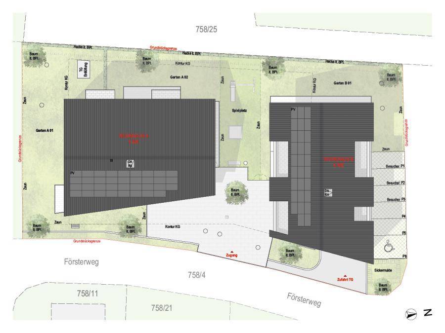 Detaillierter Lageplan des Grundstücks mit Gebäuden, Parkplätzen und Grünflächen.