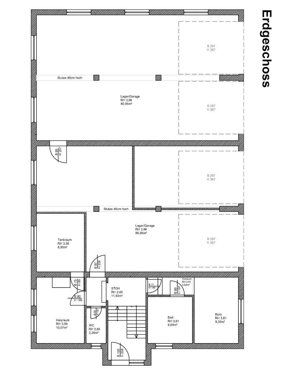 Grundriss des Erdgeschosses mit Lagerflächen, Garage, Bad und Büroräumen.