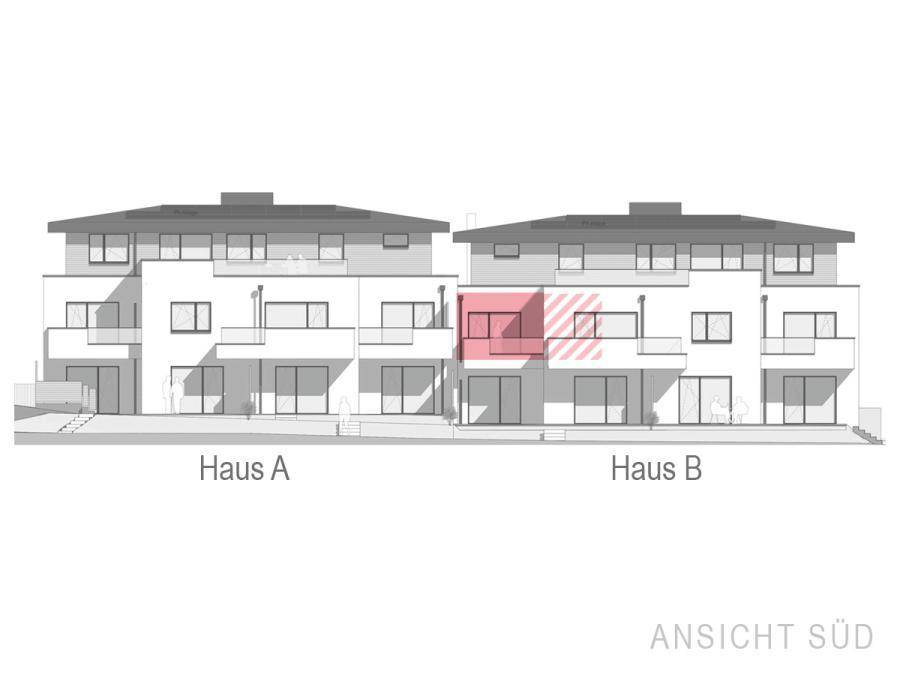 Architektonische Ansicht der Südfassade eines modernen Wohngebäudes mit Balkonen und Terrassen.