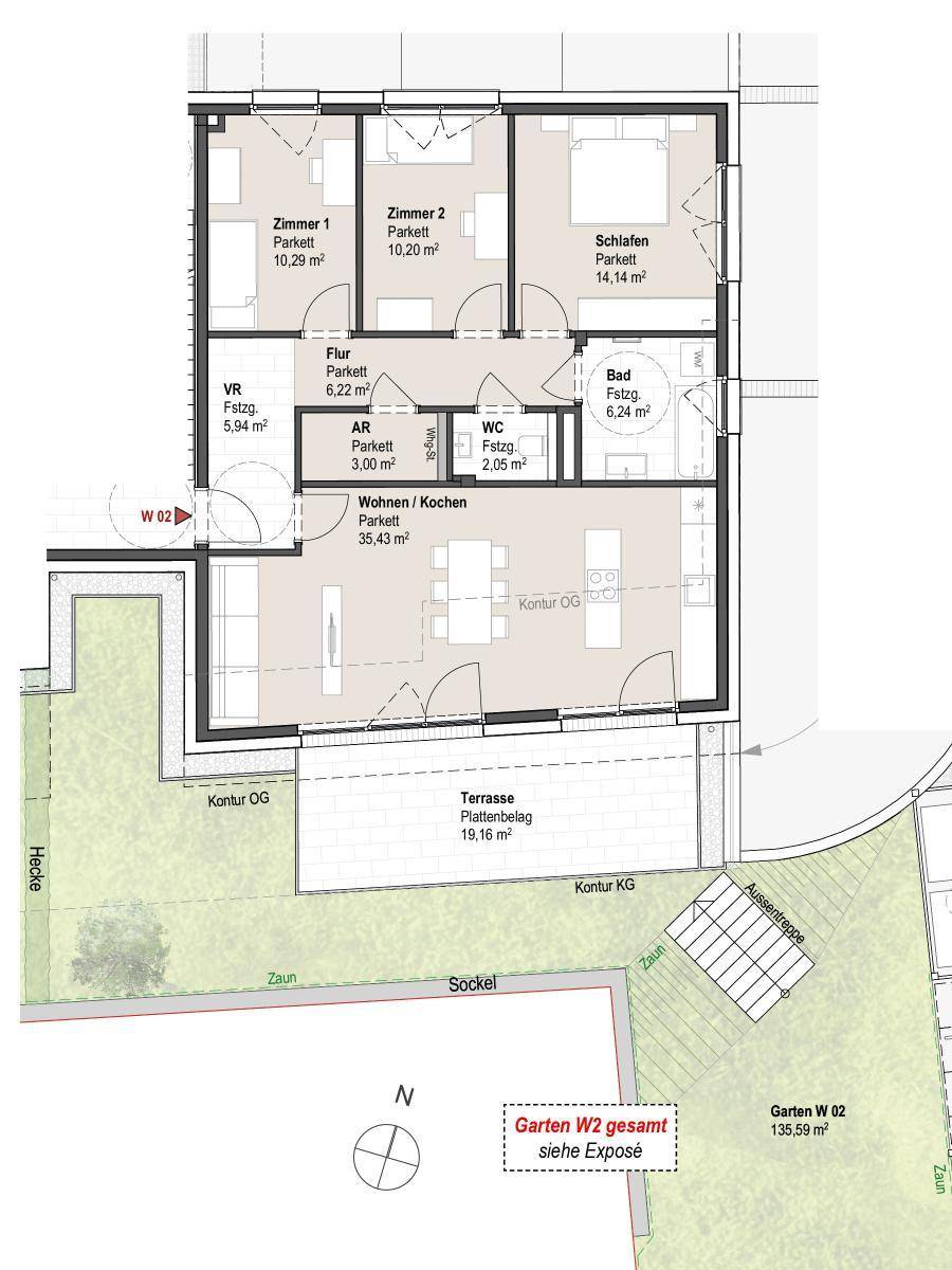 Grundriss einer modernen Wohnung mit offener Wohnküche, drei Zimmern, Bad und großer Terrasse mit Garten.