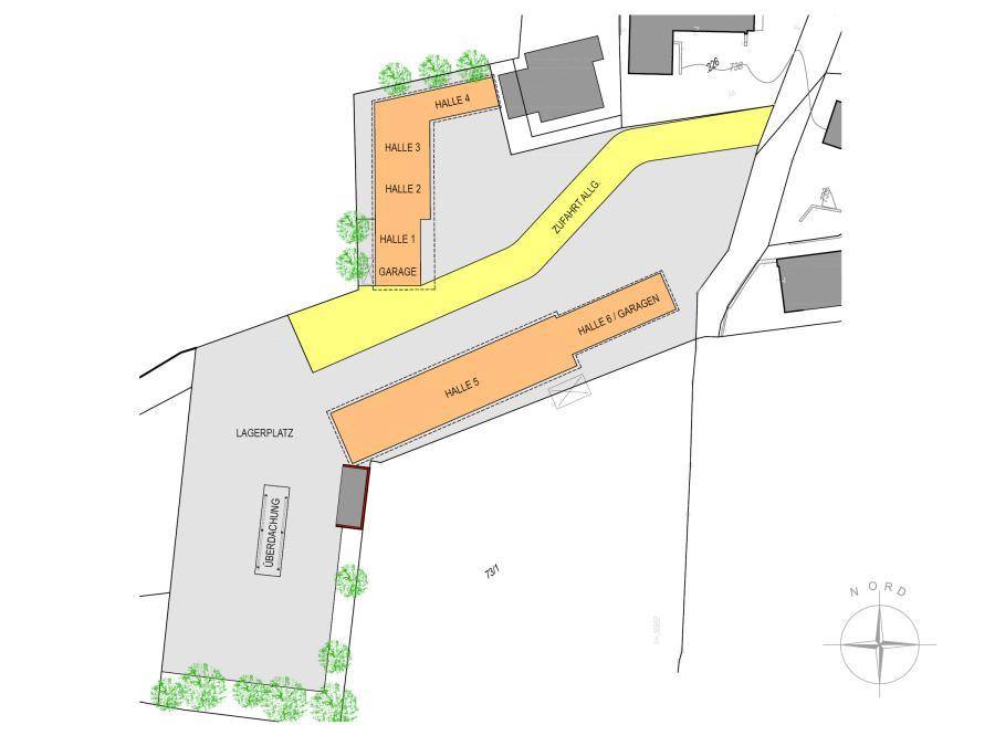 Übersichtsplan des Grundstücks mit eingezeichneten Hallen, Garagen und einem großen Lagerplatz.
