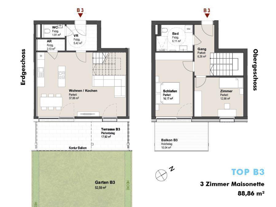 Grundriss einer 3-Zimmer-Maisonette-Wohnung mit Terrasse, Garten und Balkon auf zwei Ebenen.