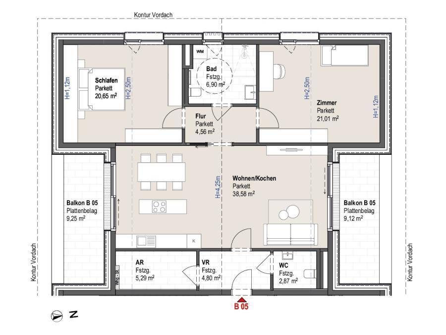 Detaillierter Grundriss einer Wohnung mit zwei Schlafzimmern, Bad und offenem Wohn-/Kochbereich.