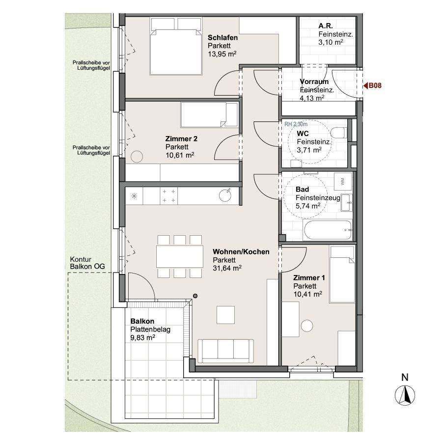 Grundriss einer Wohnung mit drei Zimmern, offenem Wohn-/Kochbereich und einem Balkon.
