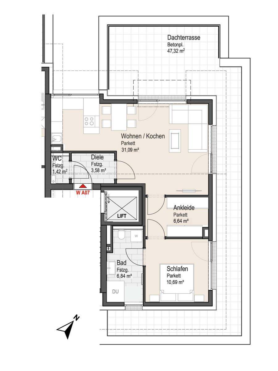 Grundriss einer Wohnung mit Dachterrasse, offenem Wohn-/Kochbereich und Schlafzimmer.