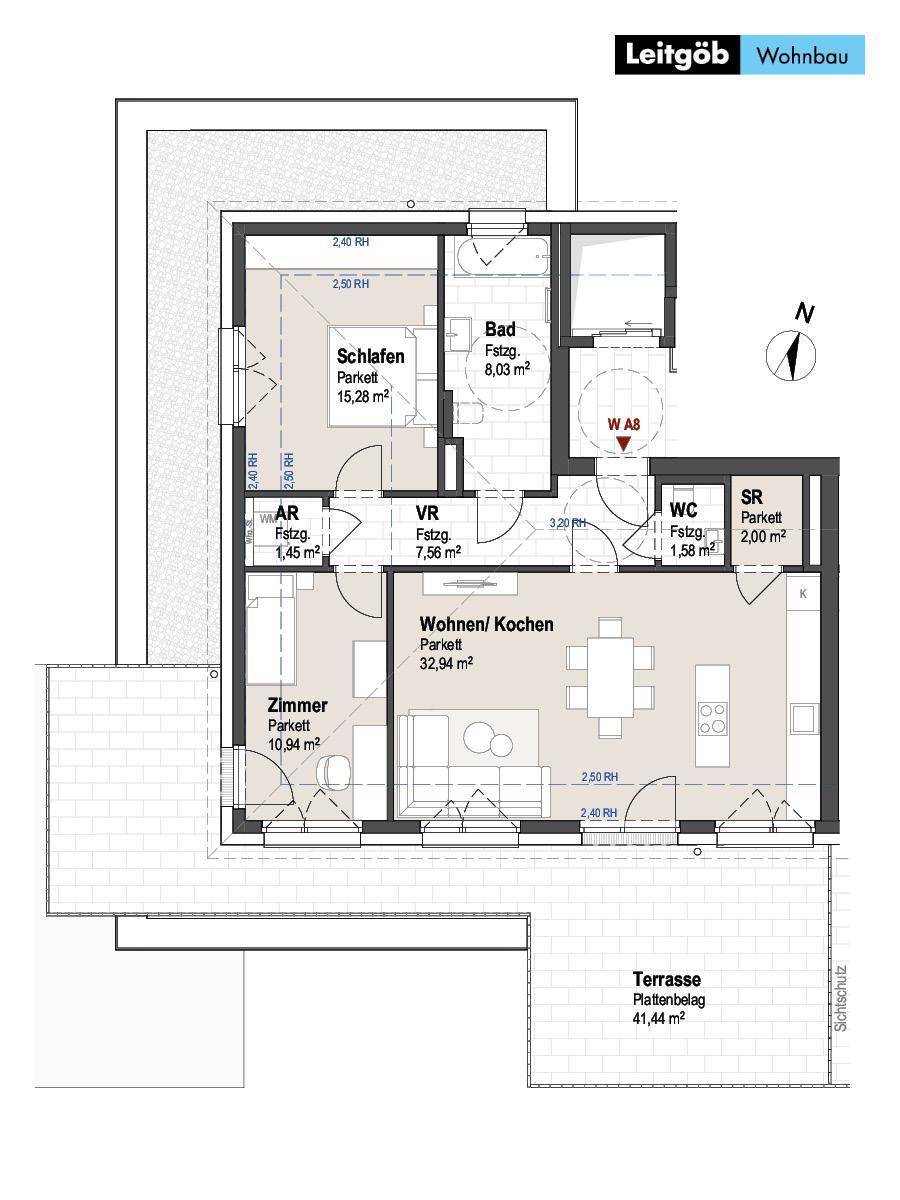Detaillierter Grundriss einer Wohnung mit offenem Wohnbereich, Schlafzimmer und großer Terrasse.