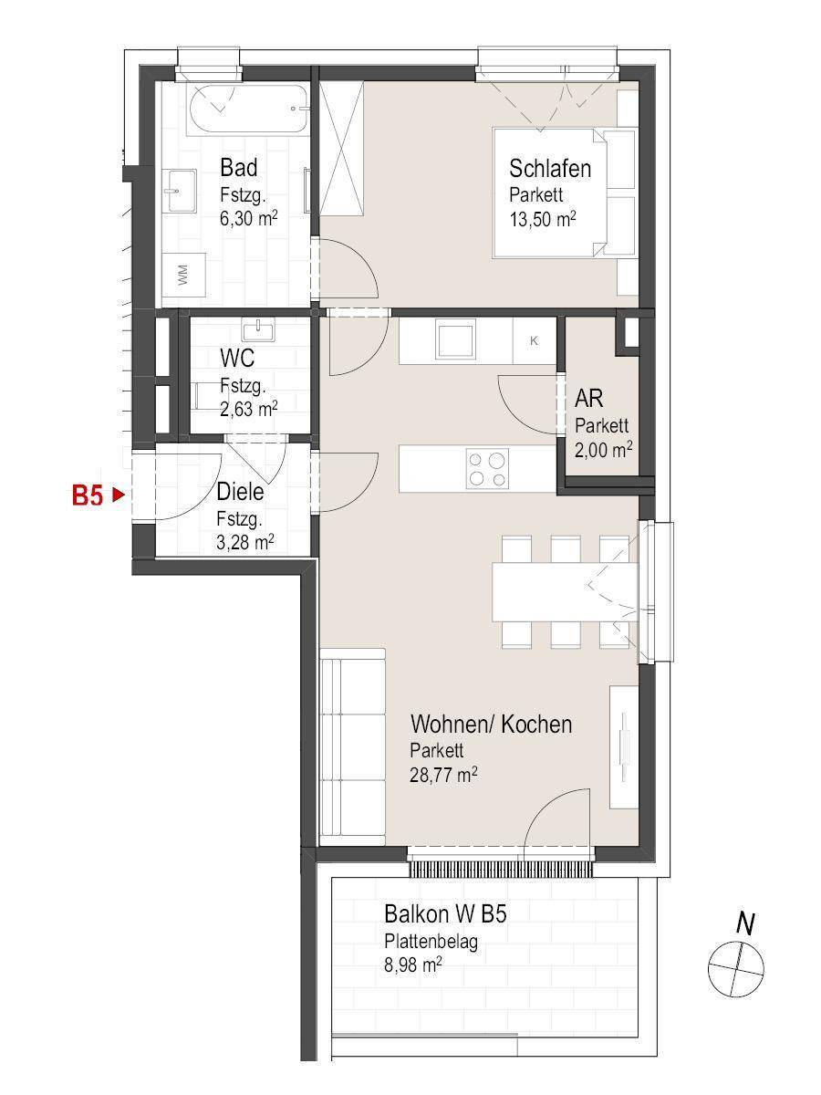Grundriss einer Wohnung mit offenem Wohn-/Kochbereich, Schlafzimmer und Balkon.