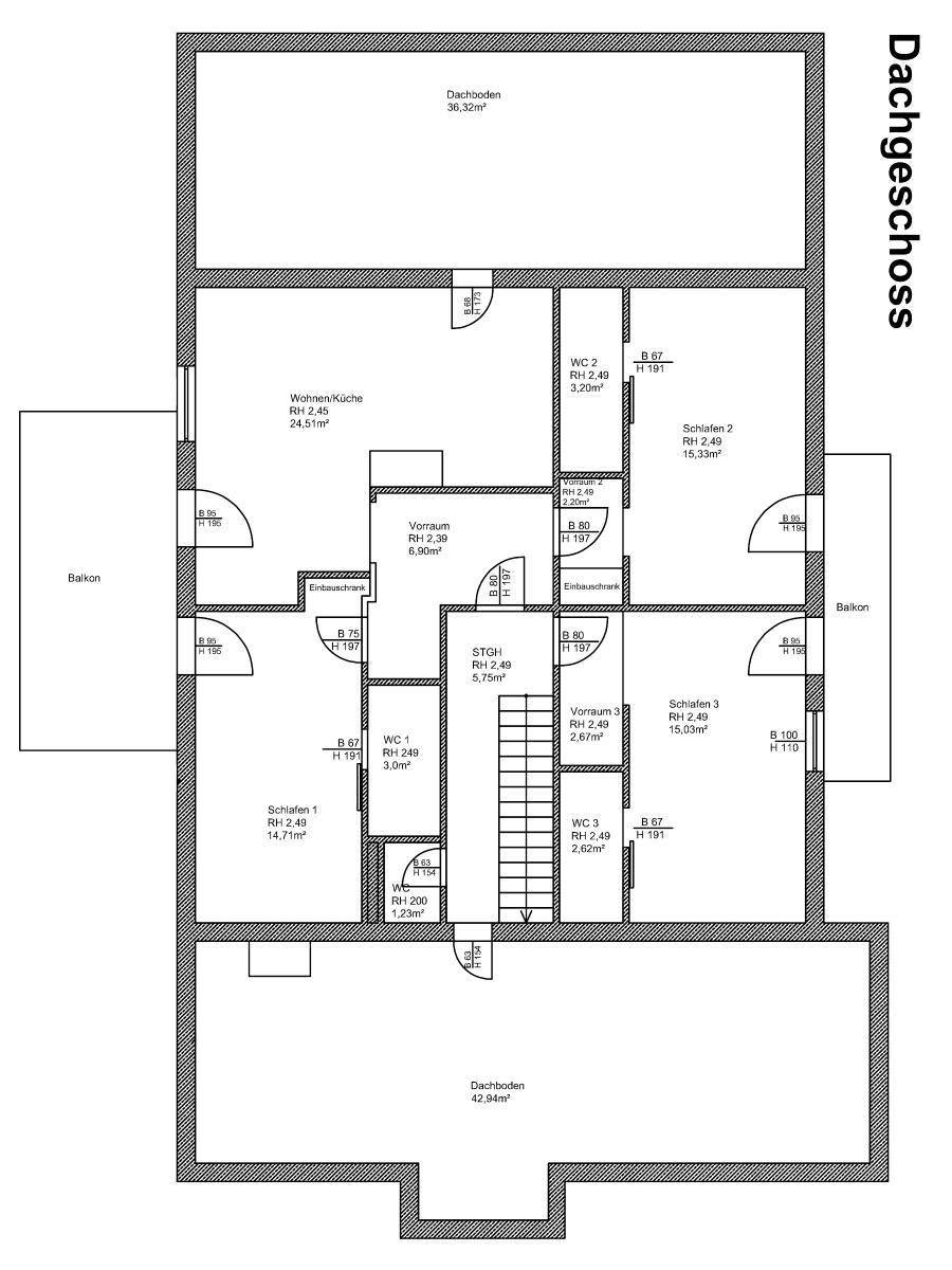 Grundriss des Dachgeschosses mit Wohnküche, drei Schlafzimmern, mehreren WCs und Balkonen.