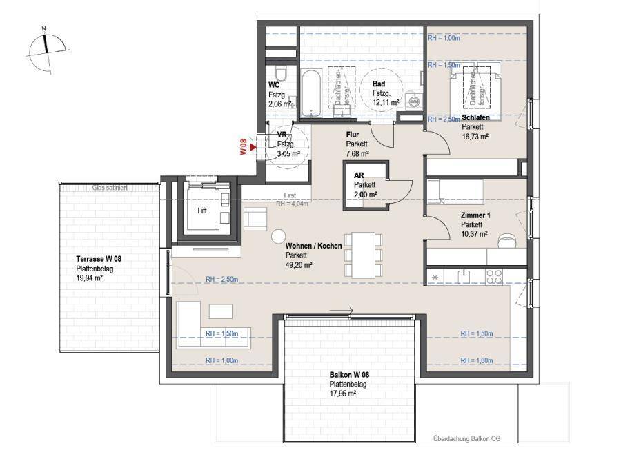 Detaillierter Grundriss einer Wohnung mit offenem Wohn-/Kochbereich, zwei Schlafzimmern, Bad und separatem WC.