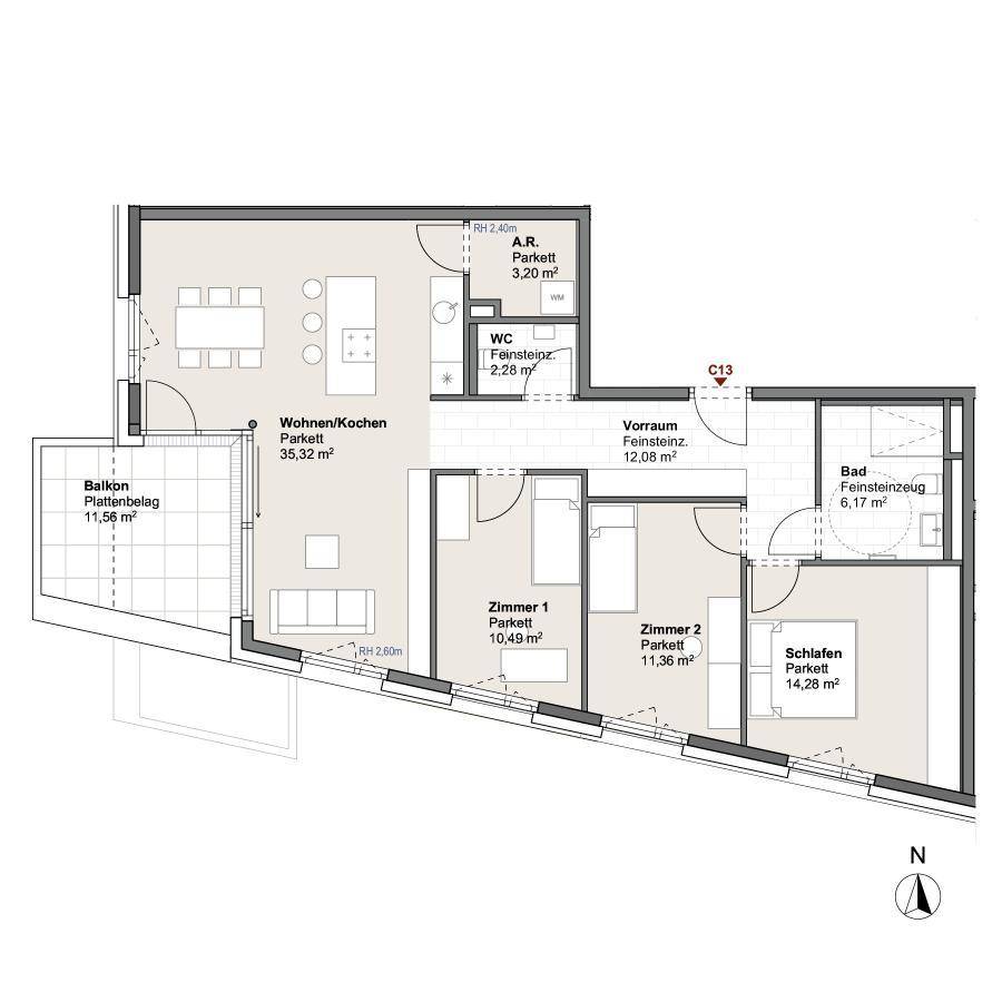 Grundriss einer Wohnung mit offenem Wohn-/Kochbereich, drei Zimmern, Bad, WC und Balkon.
