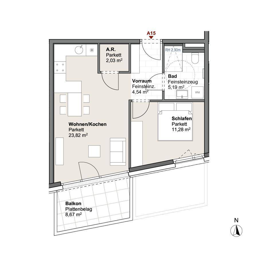 Grundriss einer Wohnung mit offenem Wohn-/Kochbereich, Schlafzimmer, Bad, WC und Balkon.