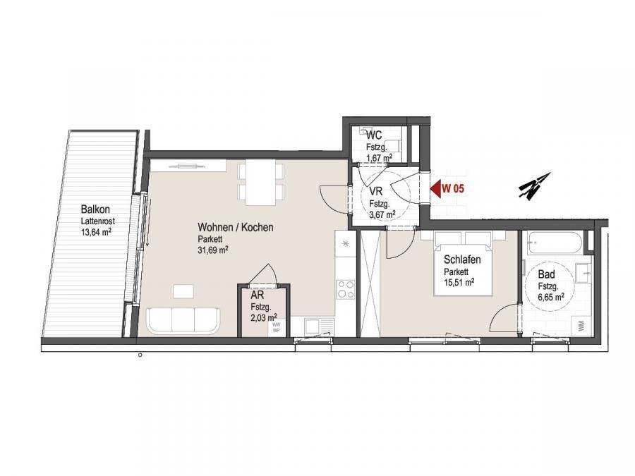 Grundriss einer Wohnung mit offenem Wohn- und Kochbereich, einem Schlafzimmer, Bad, separatem WC und Balkon.