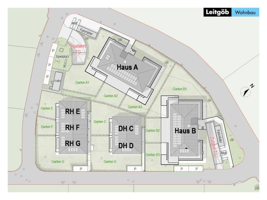 Übersichtsplan der Wohnanlage mit mehreren Gebäuden, Gärten, Parkplätzen und einem Spielplatz.