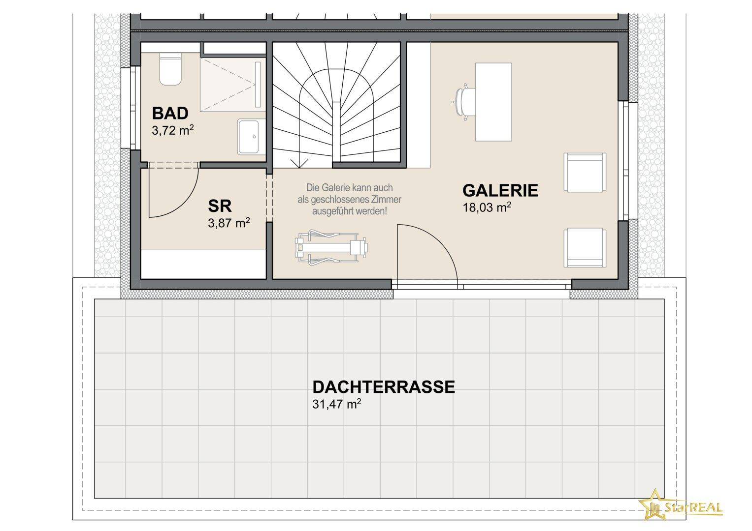 Grundriss des Dachgeschosses mit Galerie, Badezimmer, Abstellraum und großer Dachterrasse.