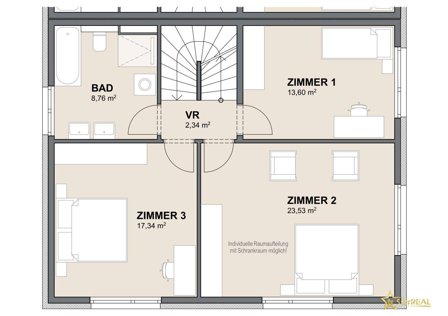 Grundriss des Obergeschosses mit drei Schlafzimmern, einem Badezimmer und Flur.