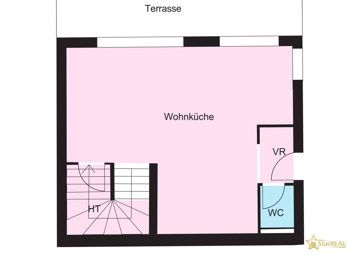 Grundriss des Erdgeschosses mit Wohnküche, WC und Zugang zur Terrasse.