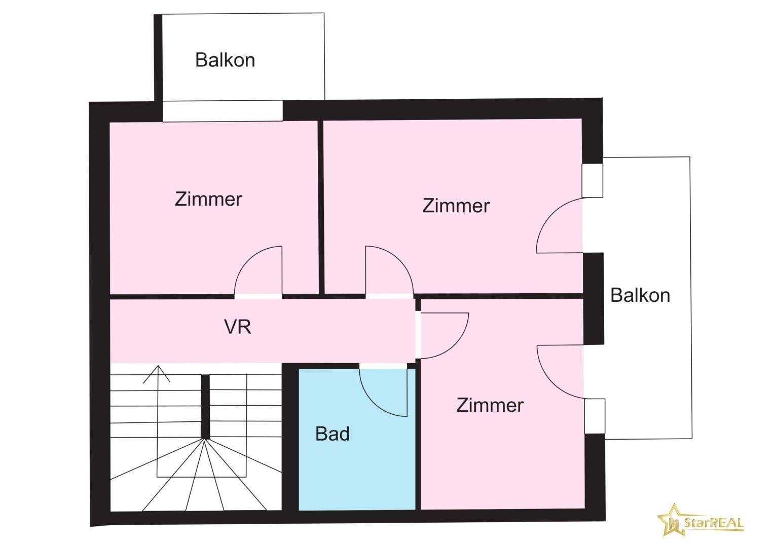 Grundriss des Obergeschosses mit drei Zimmern, Bad und zwei Balkonen.